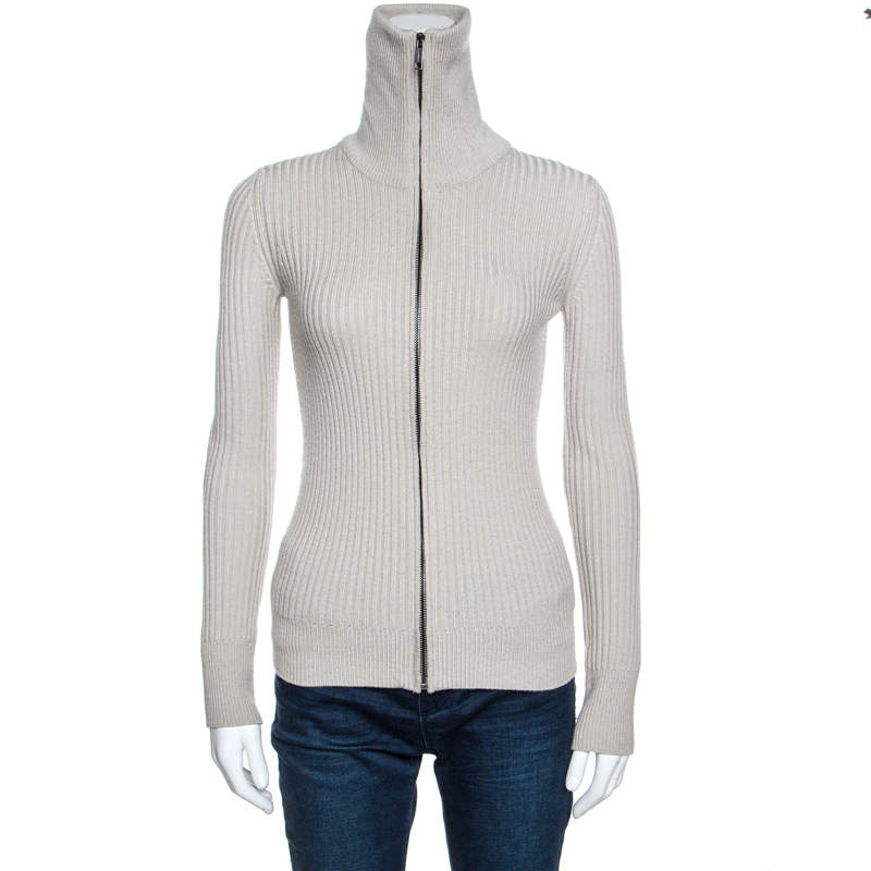 Pre Owned Burberry Beige Wool Ribbed Elbow Patch Detail Cardigan XS