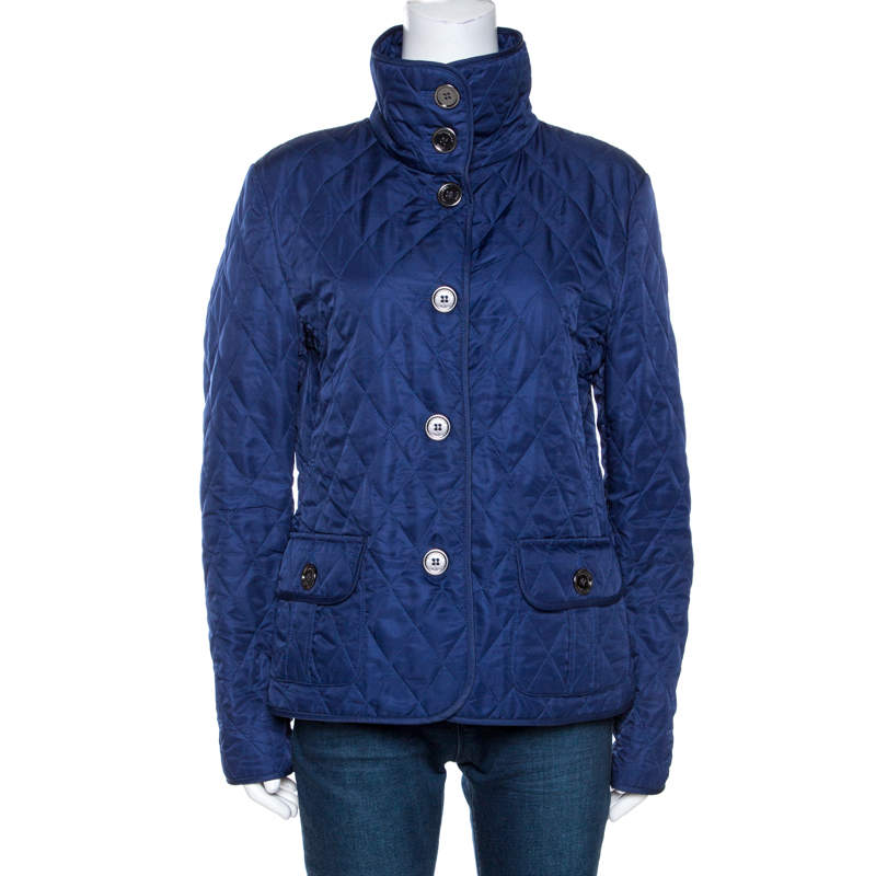 Pre Owned جاكيت بربري بريت بأزرار أمامية مبطن نمط ألماسي الشكل أزرق مقاس وسط (ميديوم)