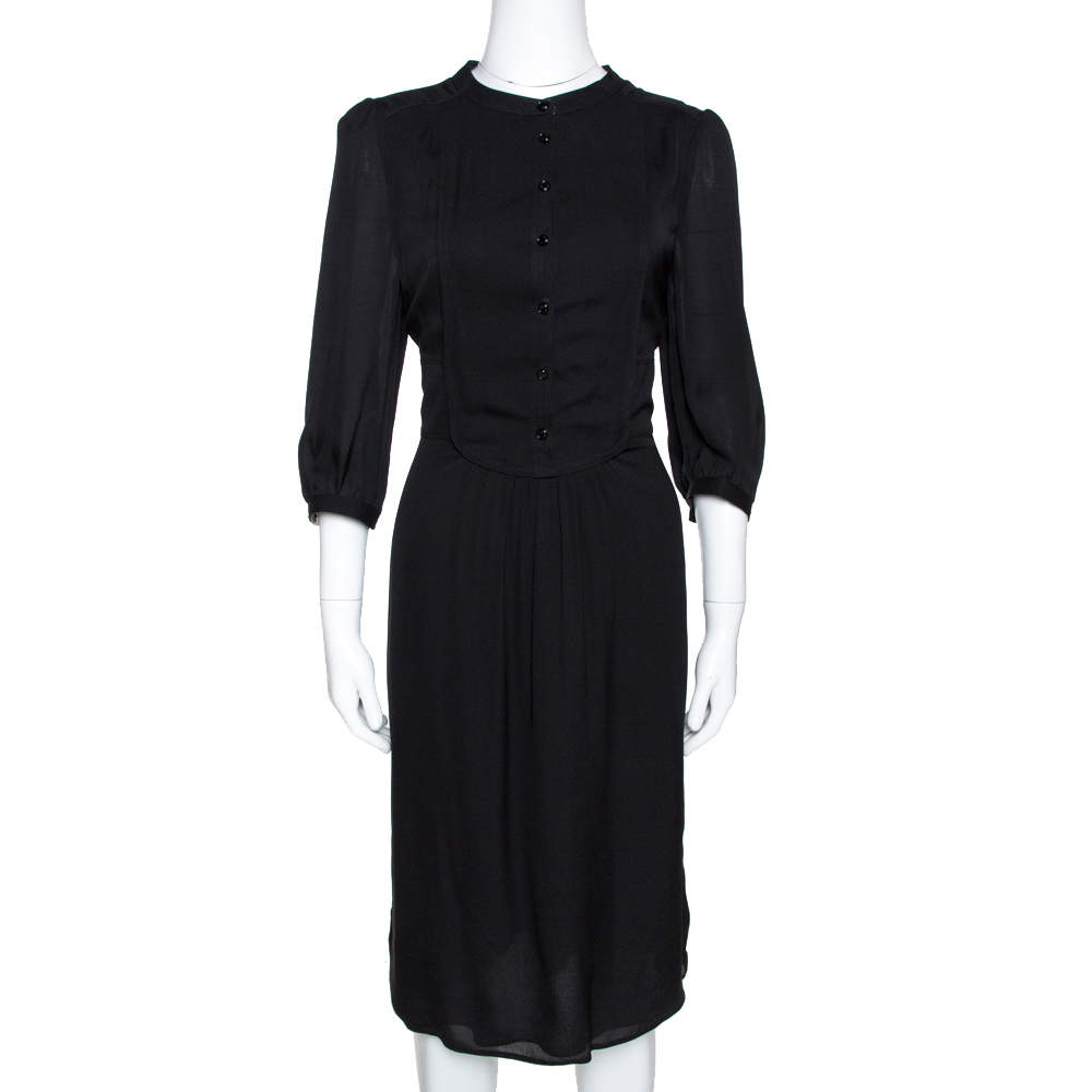 Pre Owned Burberry Black Silk Half Placket Midi Dress M