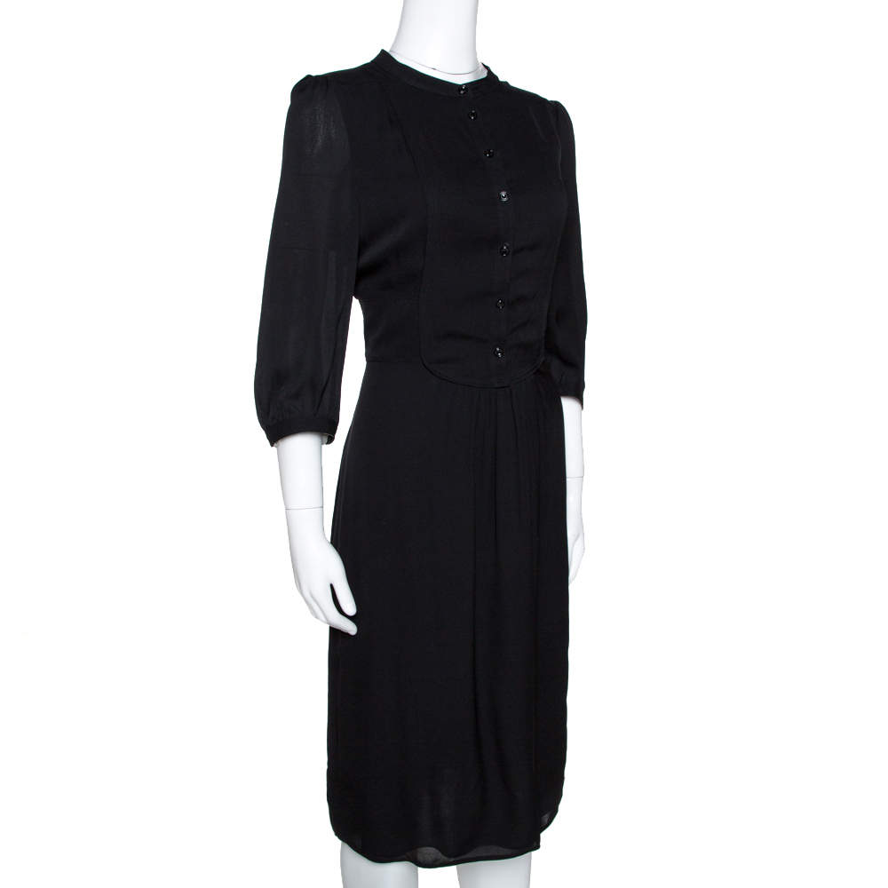 Burberry Black Silk Half Placket Midi Dress M