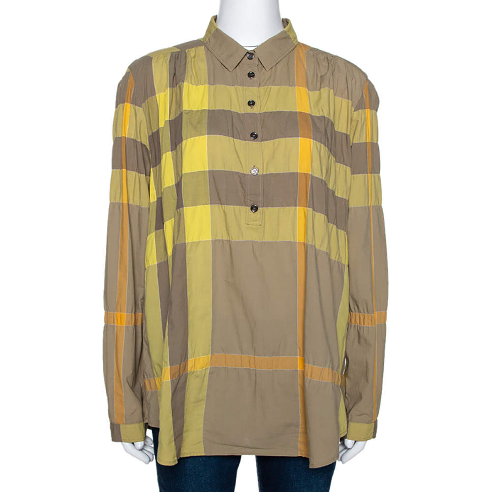 Burberry Brit Yellow Exploded Check Cotton Half Placket Shirt L