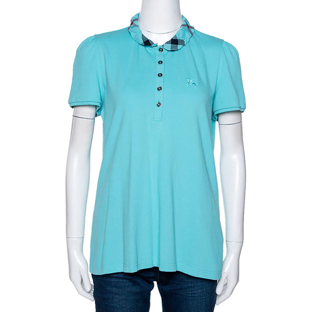 Burberry Brit Teal Blue Cotton Pique Ruffle Collar Polo T Shirt XL