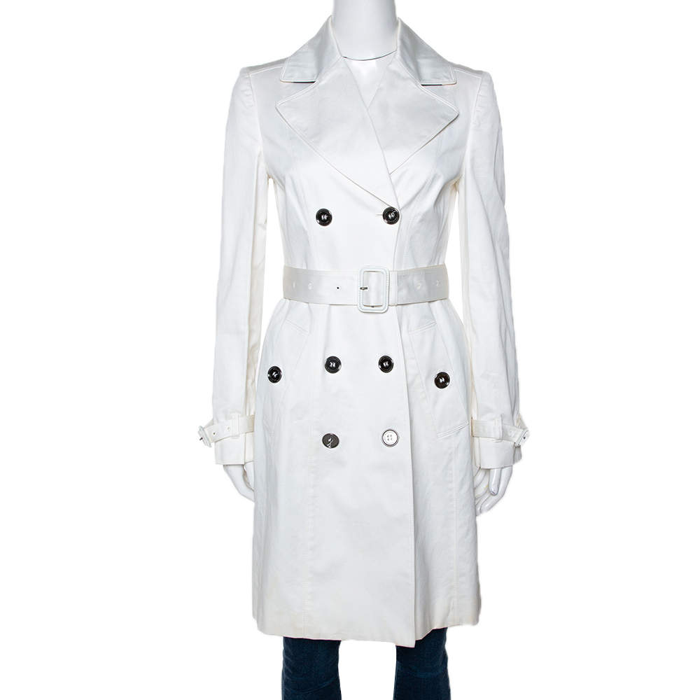 Burberry White Cotton Double Breasted Belted Trench Coat S Burberry ...