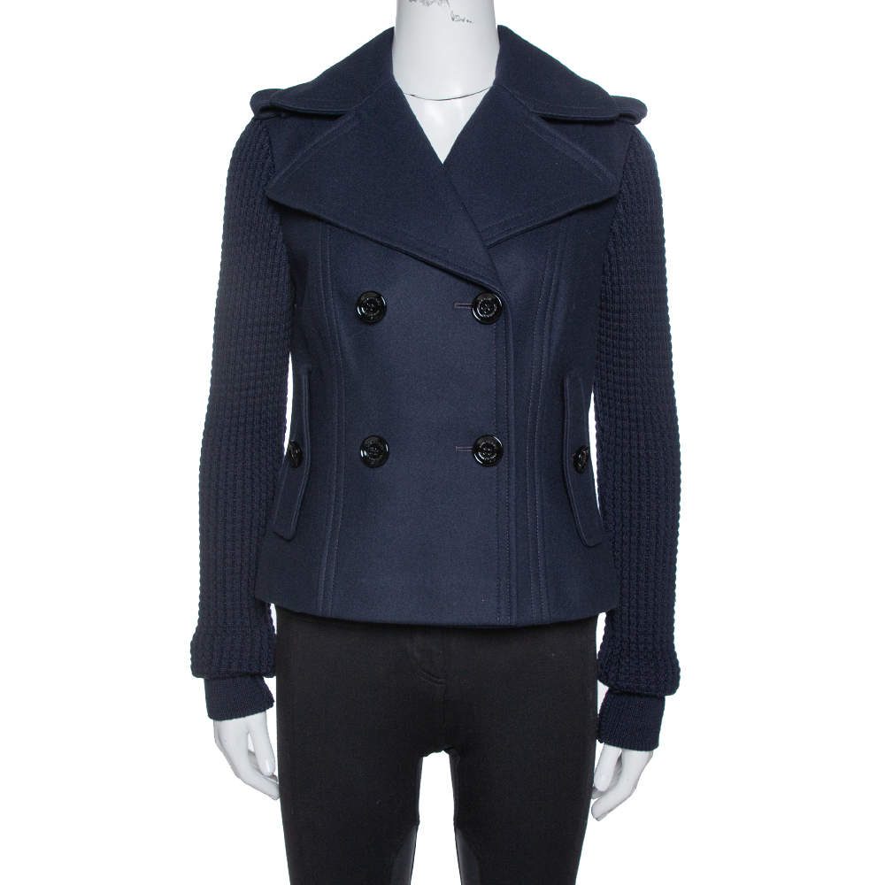 Pre Owned معطف بربري "بيا" أكمام تريكو مزيج صوف أزرق كحلي مقاس صغير (سمول)