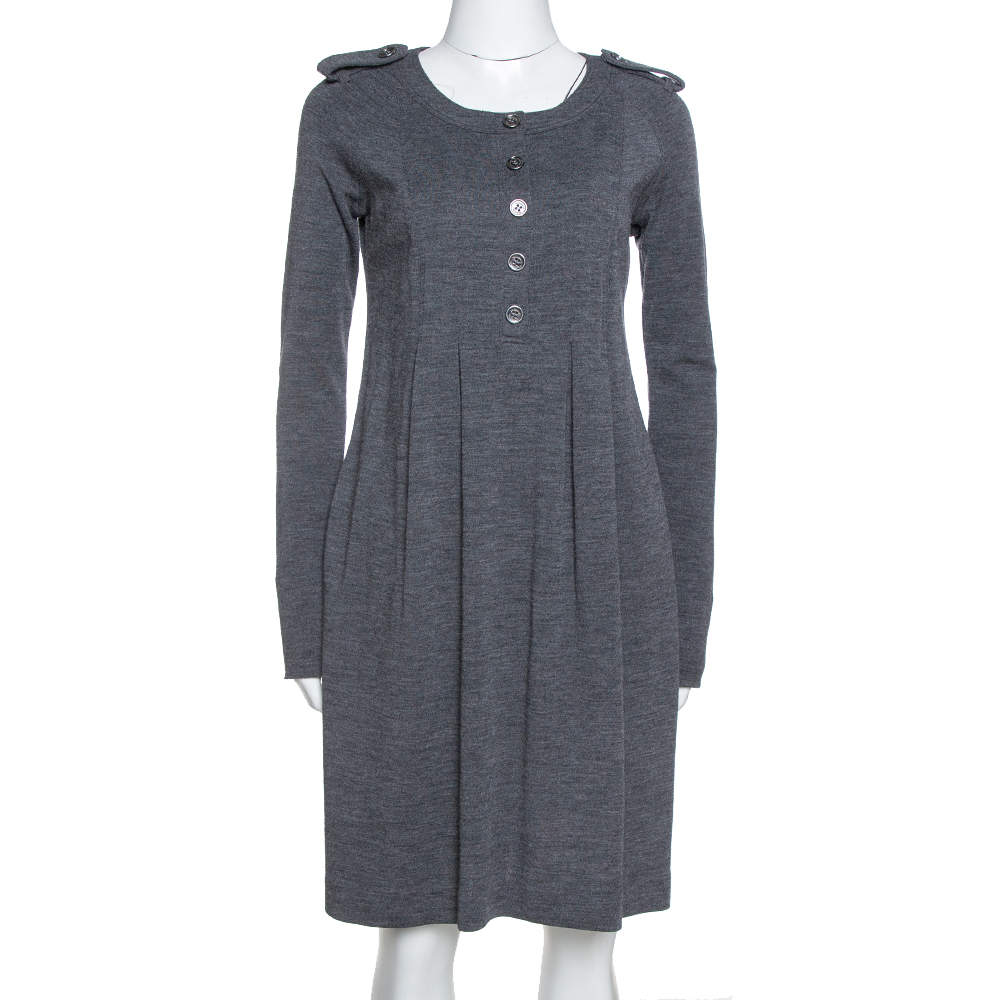 مملوكة مسبقًا Burberry Grey Wool Pleated Knee Length Dress S