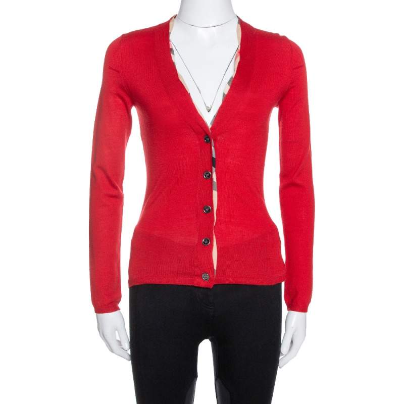 Burberry Brit Red Wool Knit Nova Check Trim Sweater XS Burberry | TLC