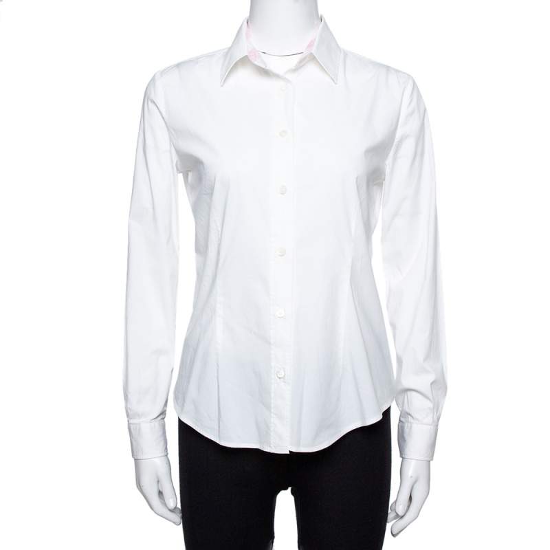 Burberry White Stretch Cotton Button Front Shirt S Burberry | TLC