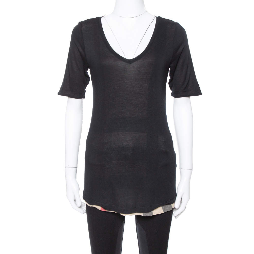 Pre Owned تي شيرت بربري حافة كاروهات نوفا تريكو سترتش أسود XS