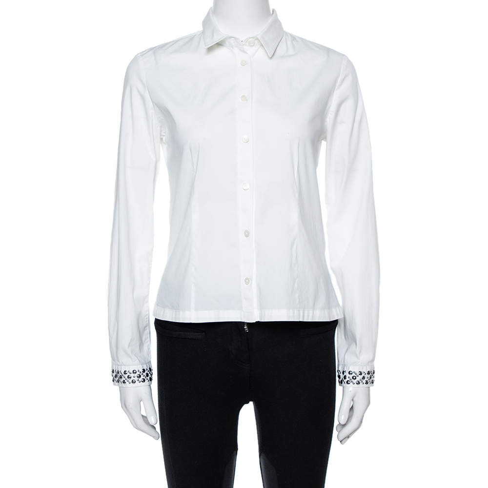 Burberry Brit White Cotton Studded Cuff Long Sleeve Shirt S
