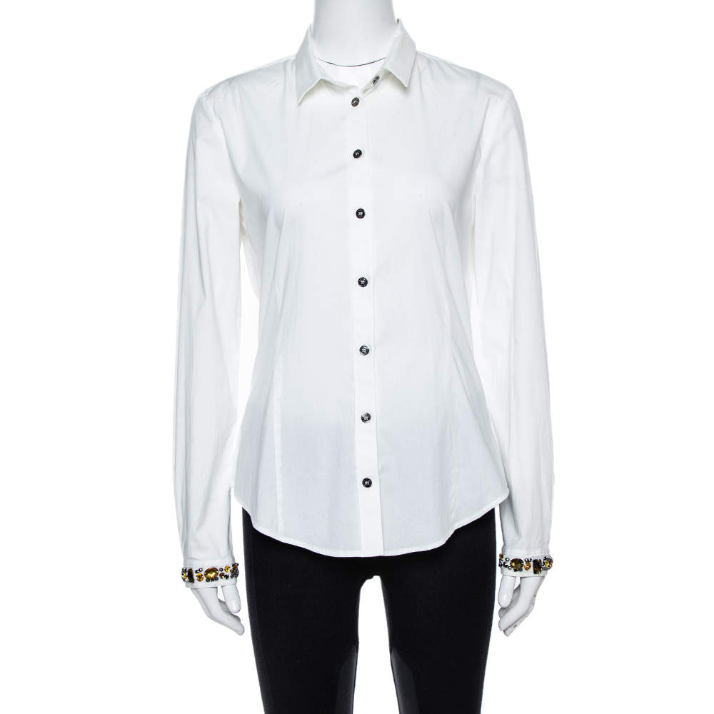 Burberry Brit White Cotton Jewel Embellished Cuff Long Sleeve Shirt M