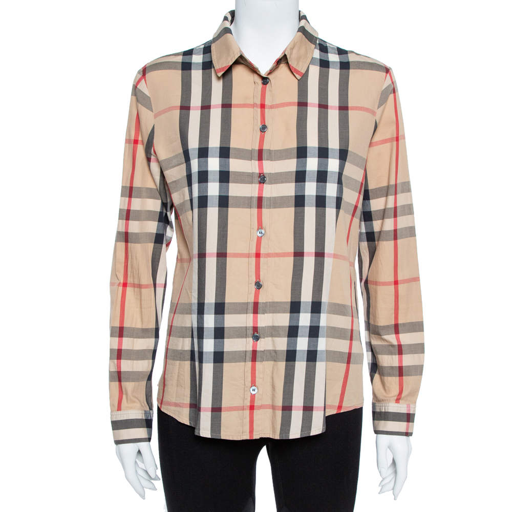 Pre Owned قميص بربري بريت أزرار أمامية قطن سترتش كاروهات نوفا بيج L