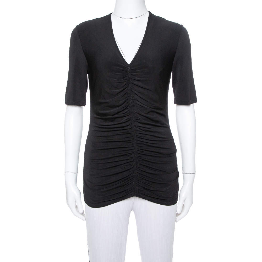Pre Owned Burberry Black Stretch Knit Ruched V-Neck Top S
