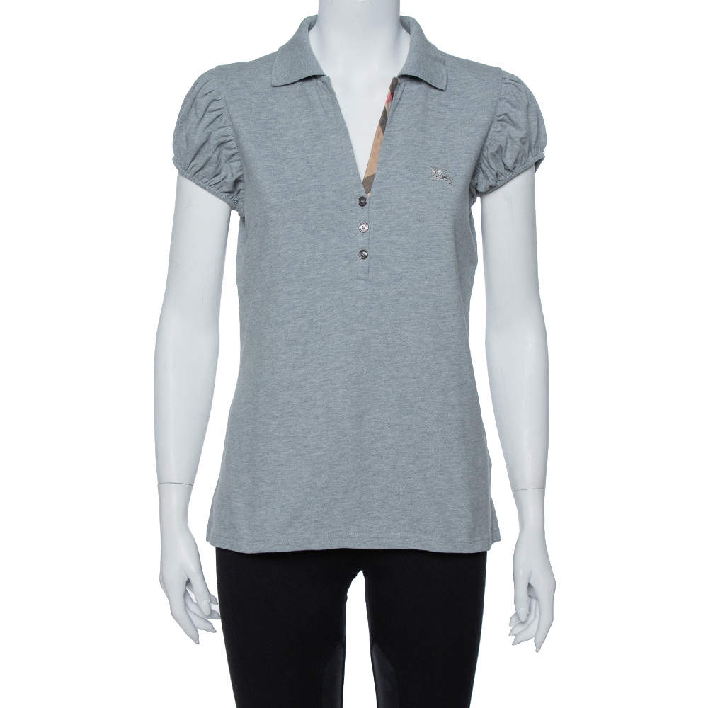 مملوكة مسبقًا Burberry Brit Grey Cotton Puff Sleeve Polo T-Shirt L