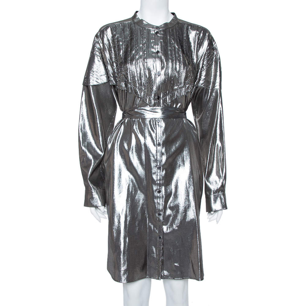 Burberry Metallic Silver Silk Lamé Belted Shirt Dress L