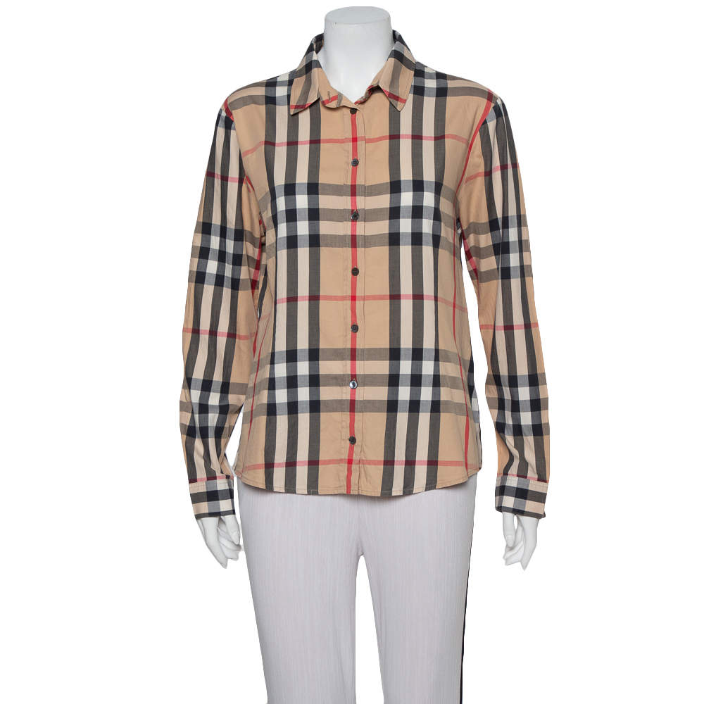 مملوكة مسبقًا Burberry Brit Beige Nova Check Pattern Cotton Button Front Shirt XL