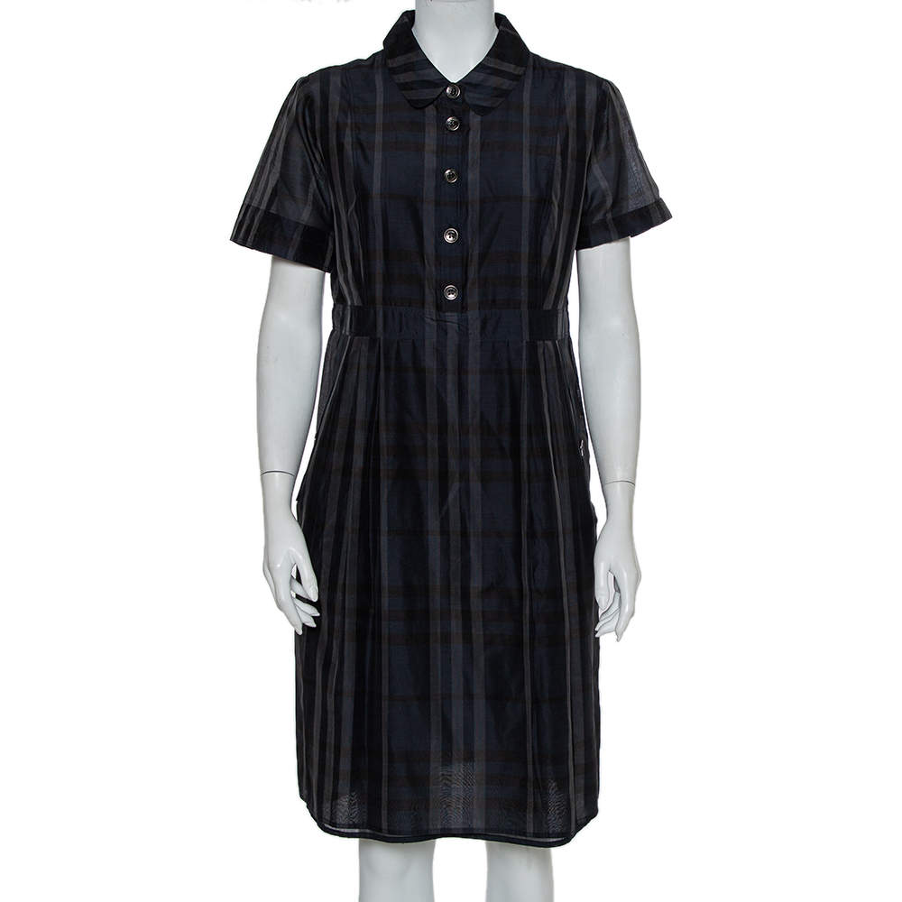 Pre Owned Burberry Navy Blue Checkered Cotton Silk Midi Dress L
