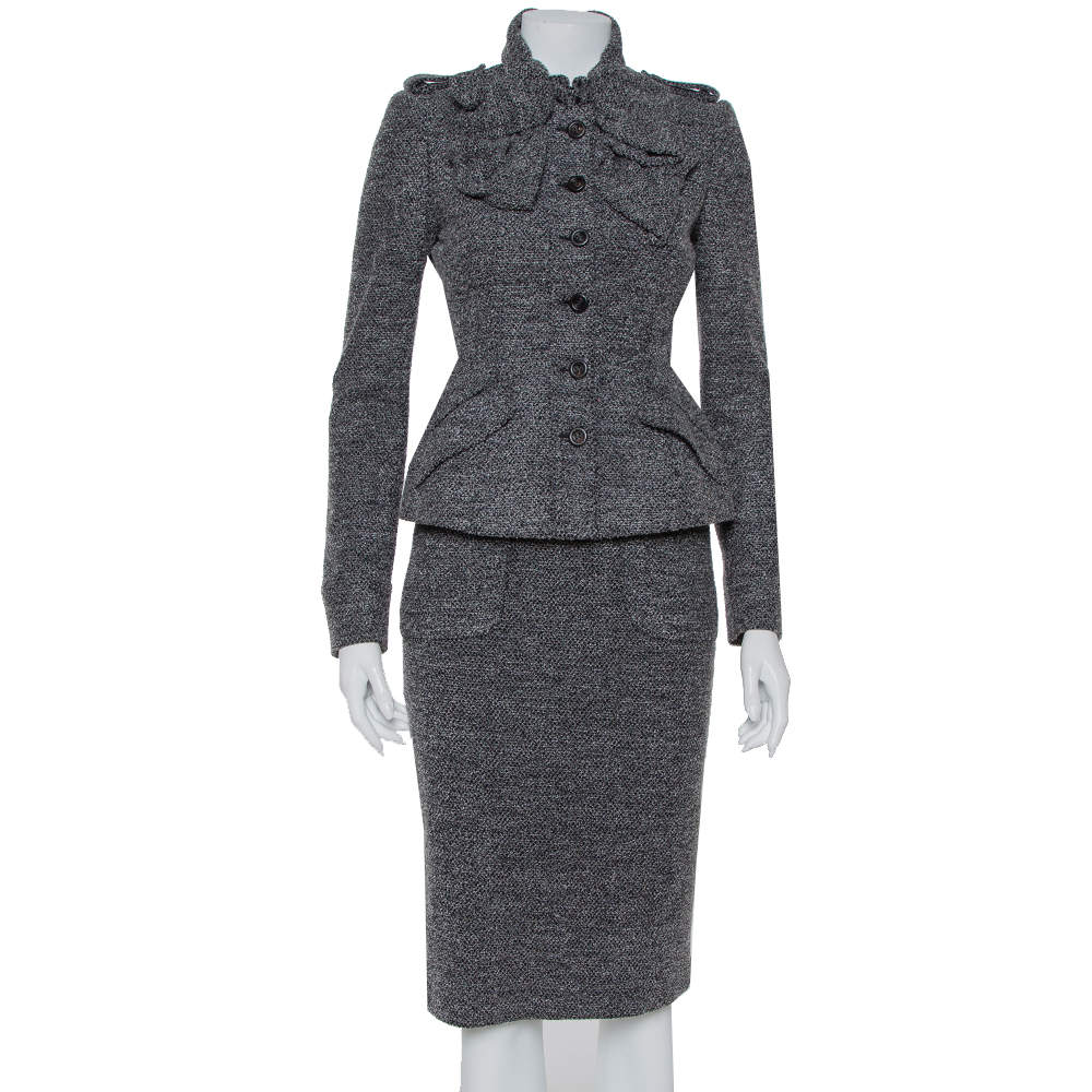 Pre Owned Burberry Grey Boucle Ruched Collared Blazer & Pencil Skirt Set S
