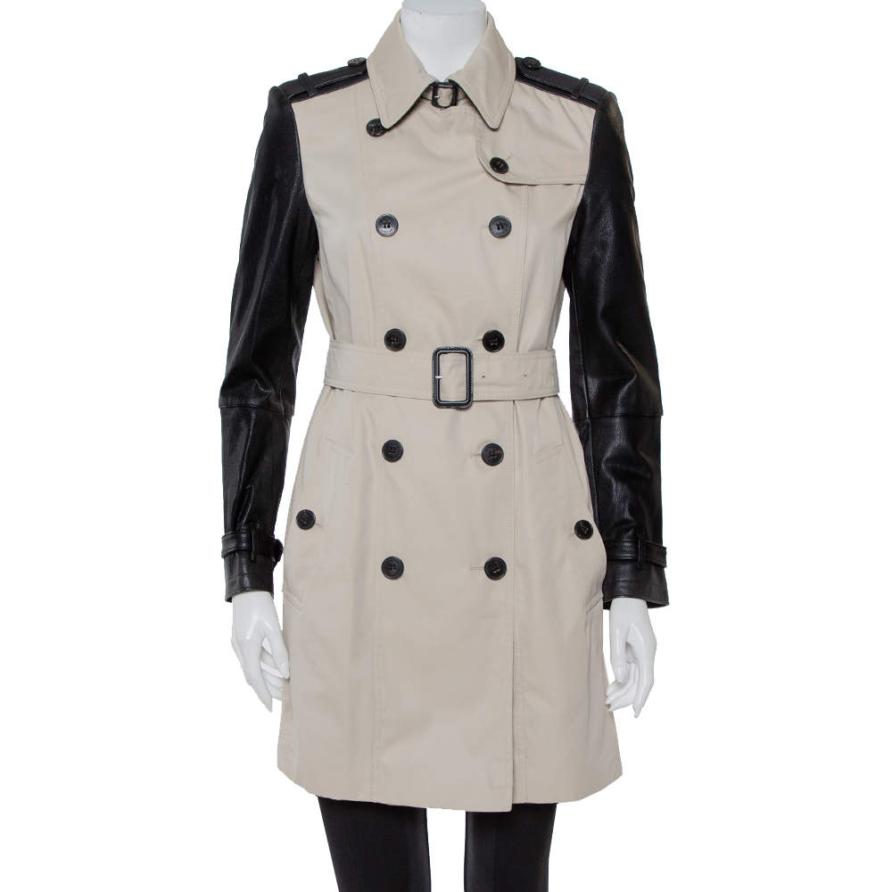 Burberry Beige Cotton & Leather Double Breasted Trench Coat M
