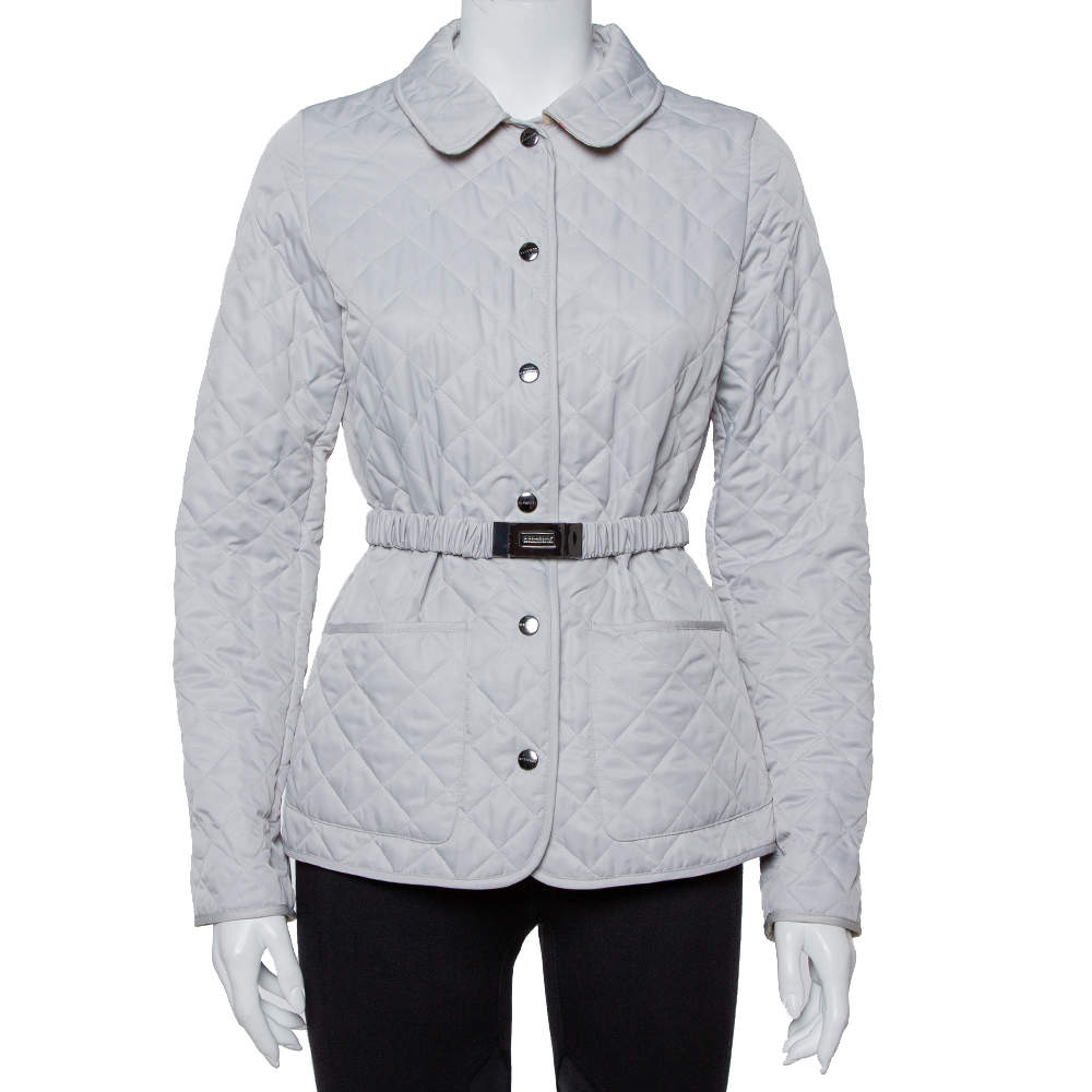 Pre Owned Burberry Silver Synthetic Quilted Belted Collared Jacket M