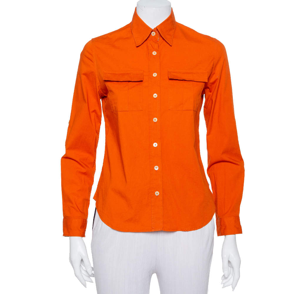 Burberry Orange Cotton Pocket Detail Button Front Shirt S