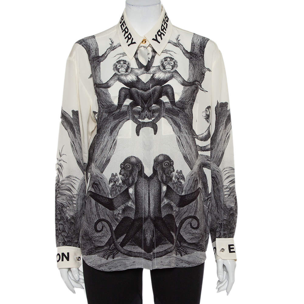 Pre Owned Burberry Cream Montage Printed Silk button Front Shirt M