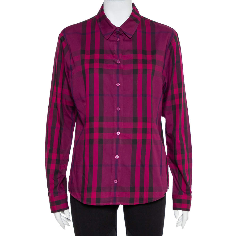 Pre Owned Burberry Brit Purple Checkered Cotton Button Front Shirt XL