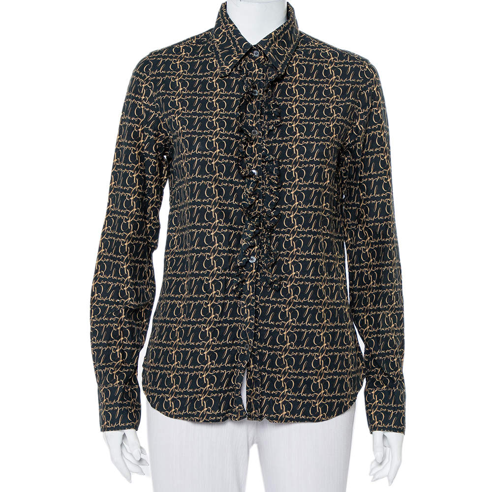 Pre Owned Burberry Black Logo Printed Cotton Ruffled Neck Detail Button Front Shirt M