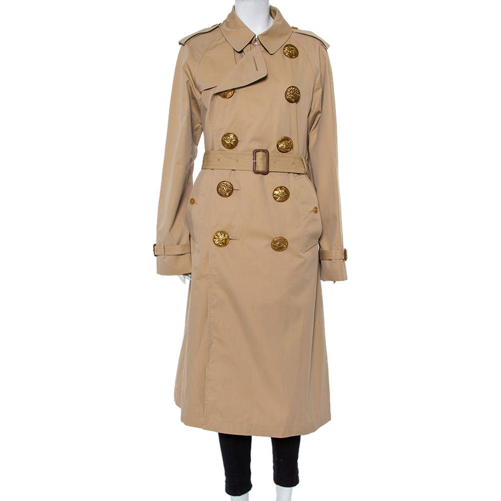 Pre Owned معطف بربري قطن بيج أزرار معدنية مزينة طيور بحزام مقاس كبير جدًا - إكس لارج