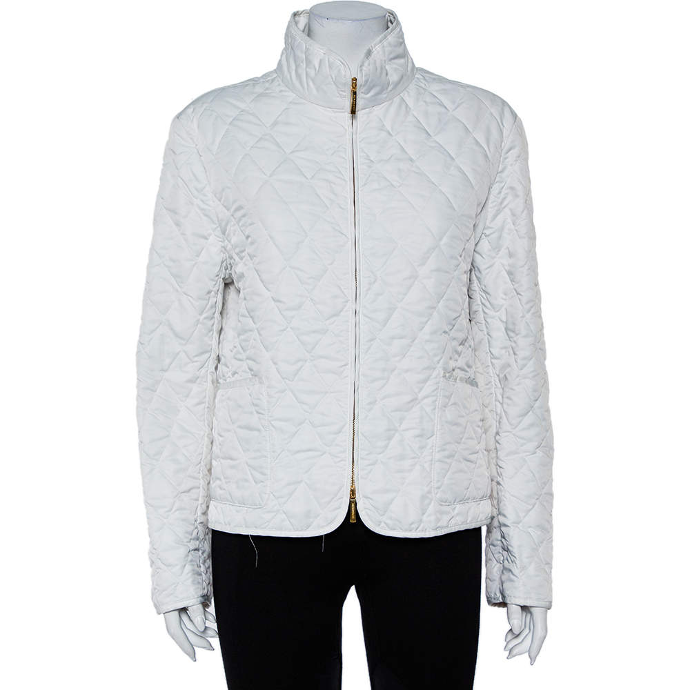 Pre Owned Burberry White Synthetic Stand Collar Quilted Jacket M