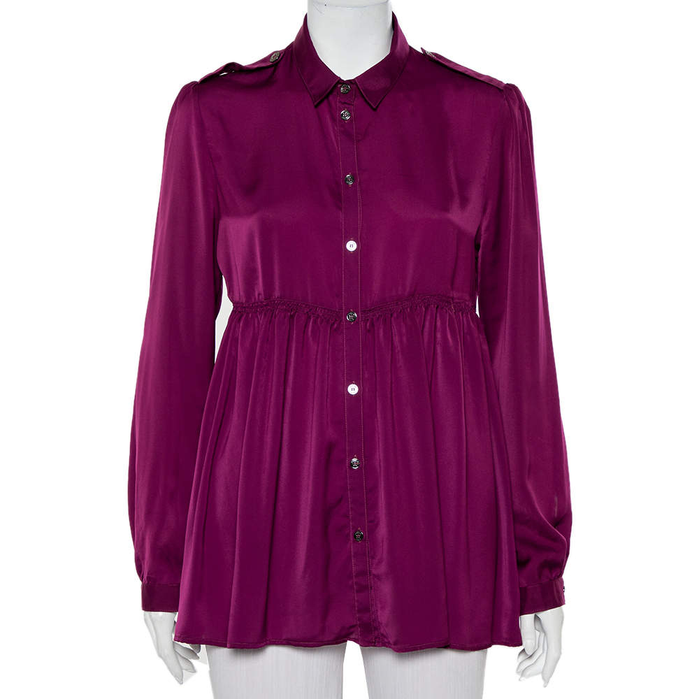 Pre Owned Burberry Magenta Satin Button Front Flared Shirt M