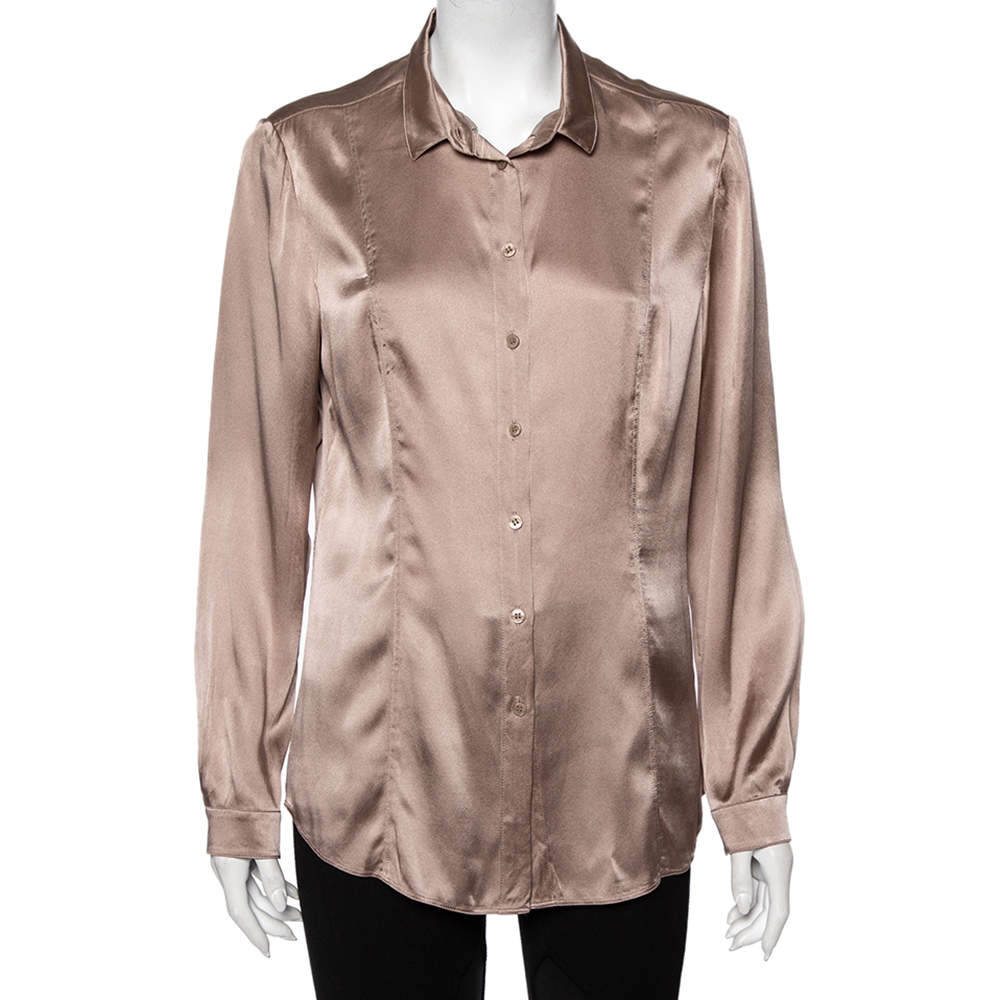 Pre Owned Burberry Beige Silk Satin Paneled Button Front Shirt M