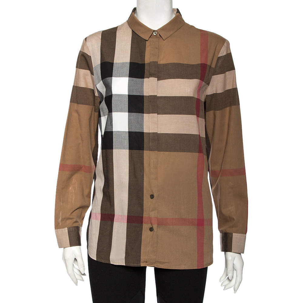 مملوكة مسبقًا Burberry Brown Vintage Check Cotton Button Front Shirt L
