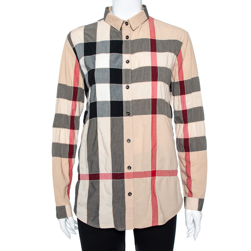 Pre Owned Burberry Brit Beige Checkered Cotton Button Front Shirt M