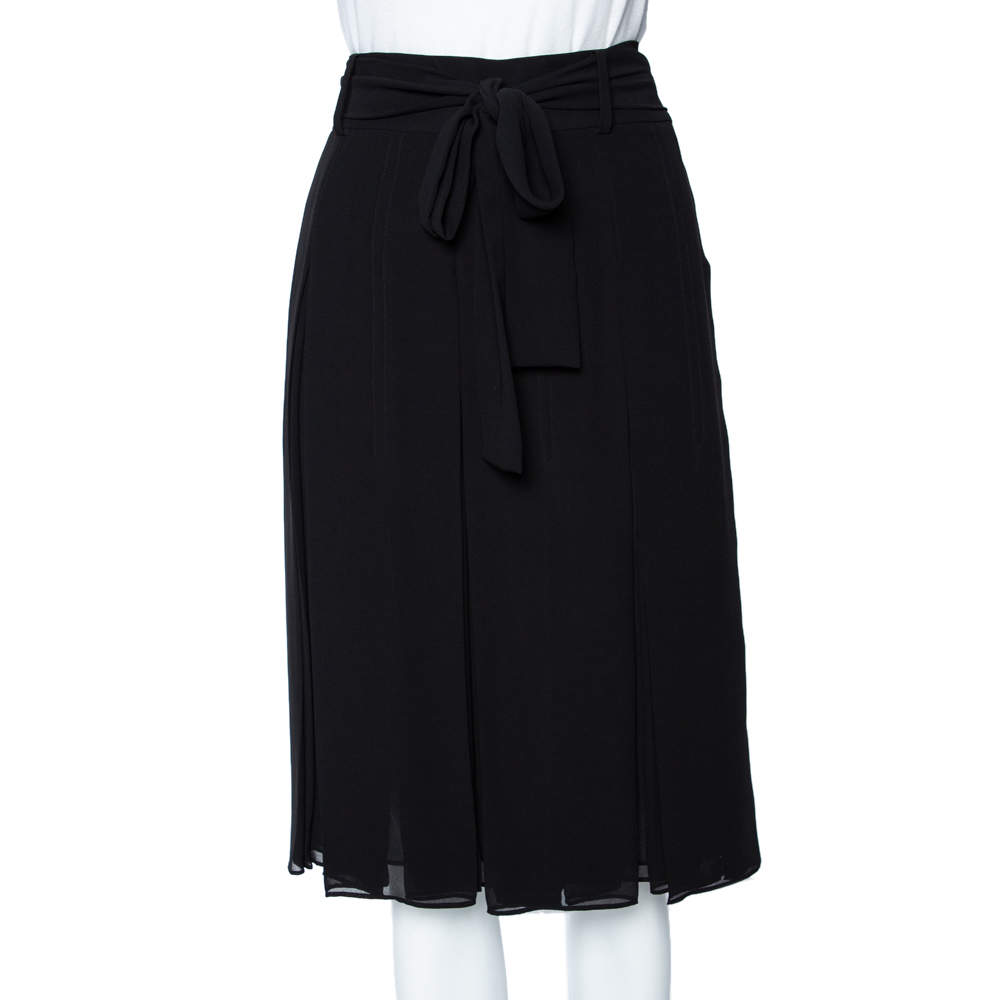 Pre Owned Burberry Black Georgette Pleated Belted Skirt M
