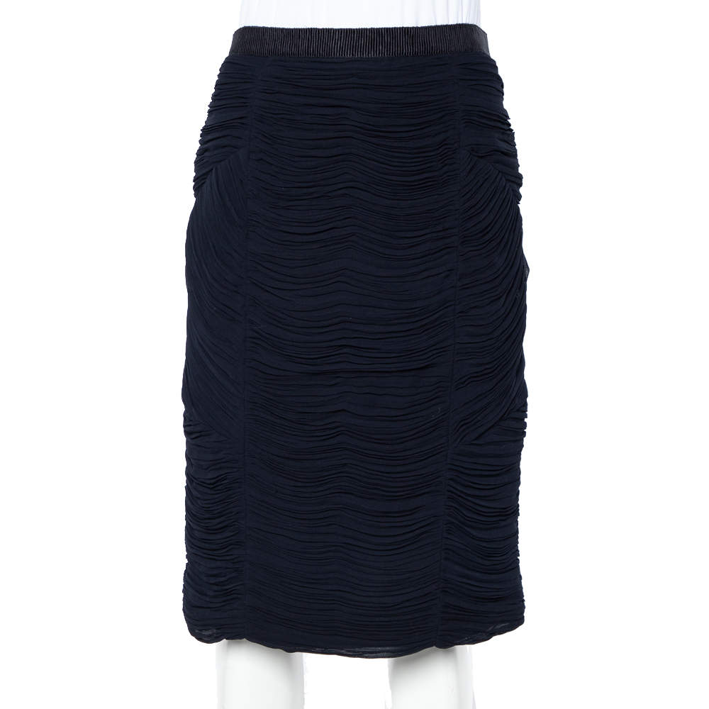 Pre Owned Burberry Navy Blue Chiffon Paneled Ruched Pencil Skirt M