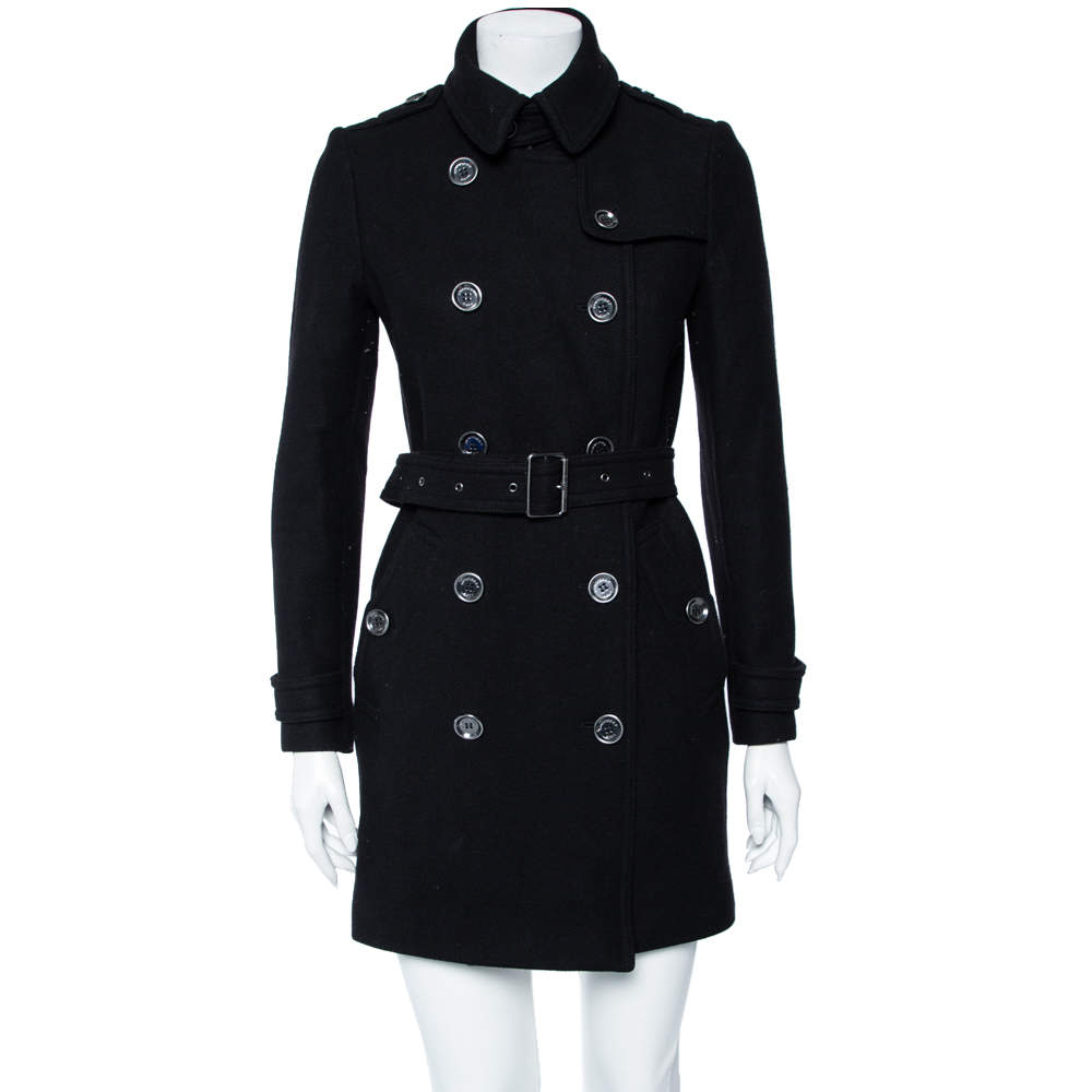 مملوكة مسبقًا معطف بربري بريت صوف أسود بحزام بصفين أزرار مقاس صغير - سمول