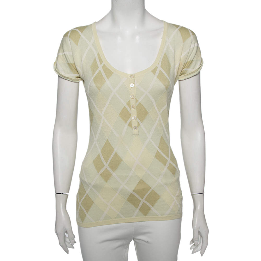 Burberry Lime Green Patterned Silk Knit Top S