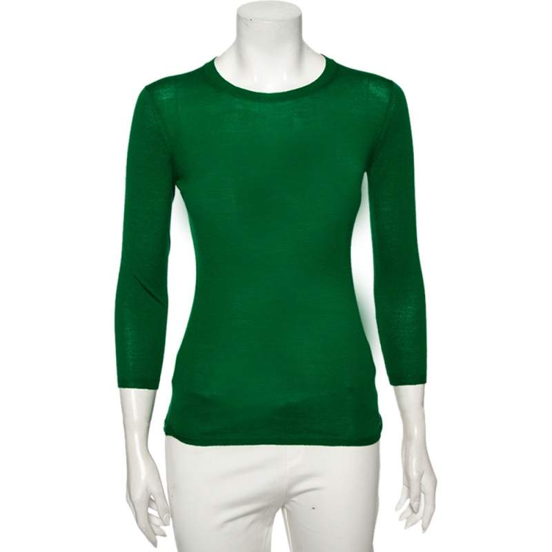 Pre Owned Burberry Brit Green Knit Checked Logo Trim Detail Crewneck Top XS 