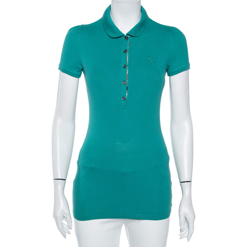 Pre Owned Burberry Brit Turquoise Novacheck Trim Detail Pique Polo T-Shirt XS 