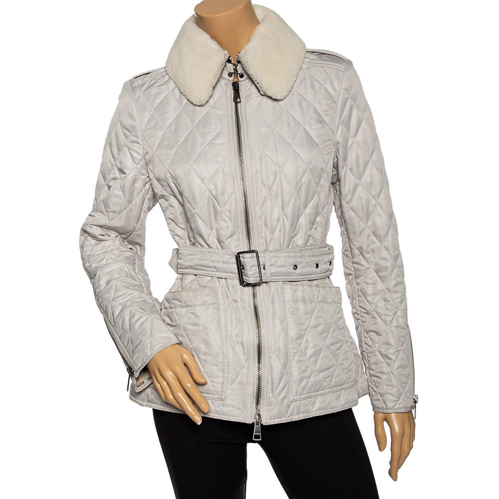 مملوكة مسبقًا Burberry Light Grey Synthetic Diamond Quilted Contrast Collar Jacket M