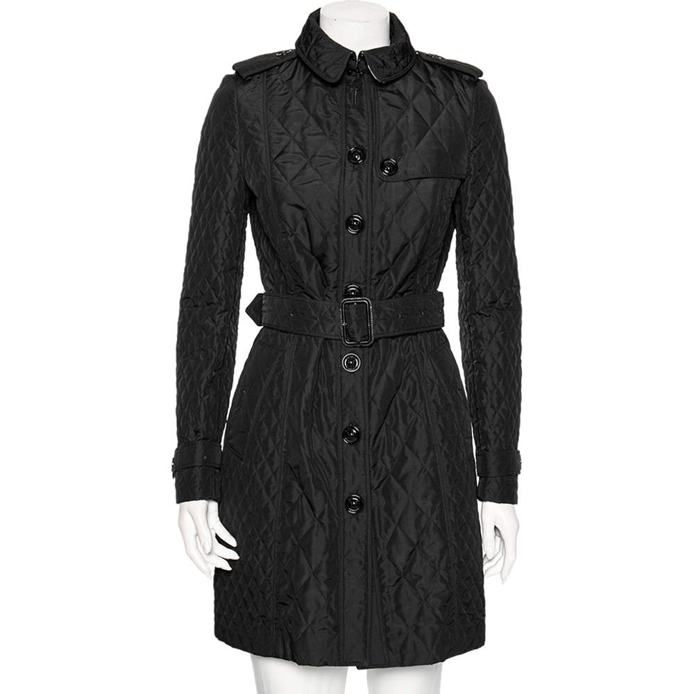 Pre Owned معطف بربري حزام طويل مبطن صناعي أسود مقاس صغير