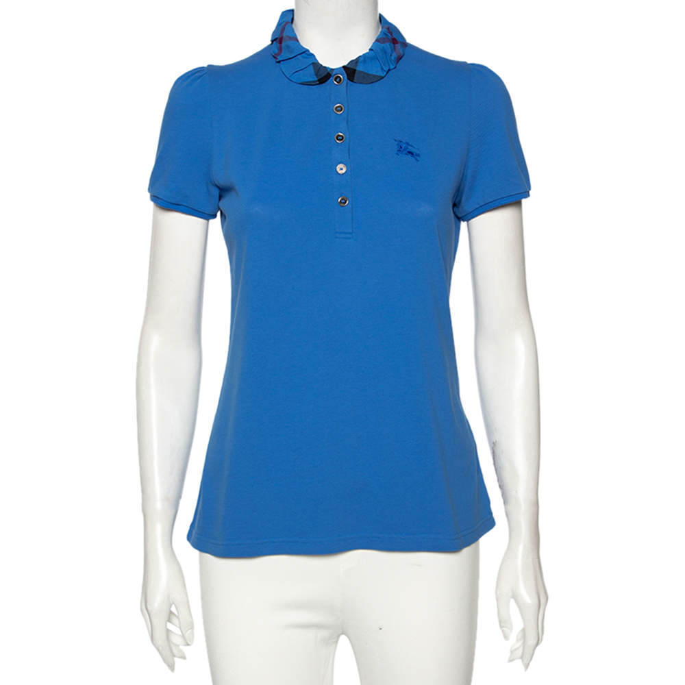 Burberry Blue Cotton Pique Ruched Collar Polo T-Shirt M Burberry | TLC