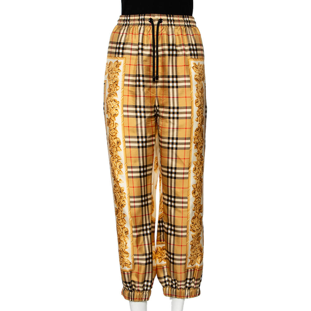 Pre Owned بنطلون بربري حرير كاروهات فينتدج بحدود وشاح ذهبي باهت مقاس كبير - لارج