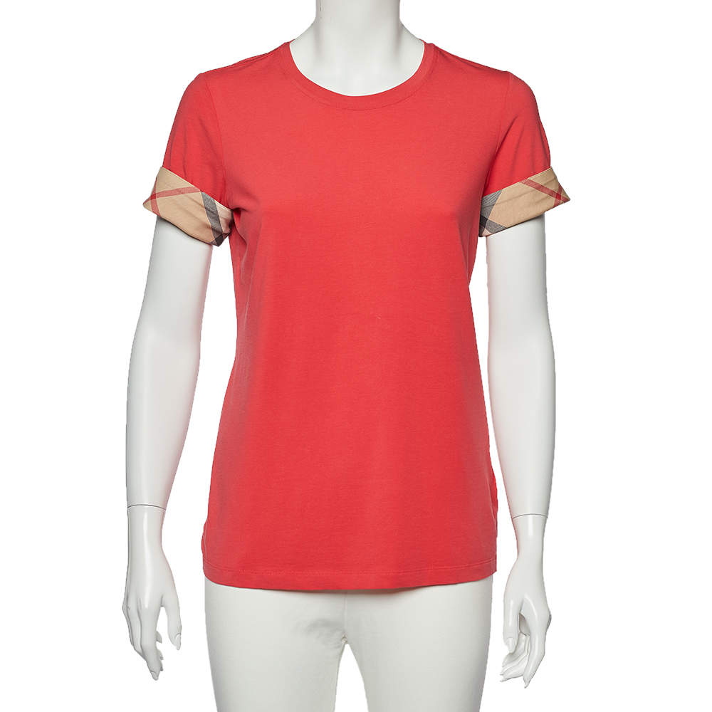 مملوكة مسبقًا Burberry Brit Pink Cotton Check Sleeve Cuff Detail Crewneck T-Shirt M