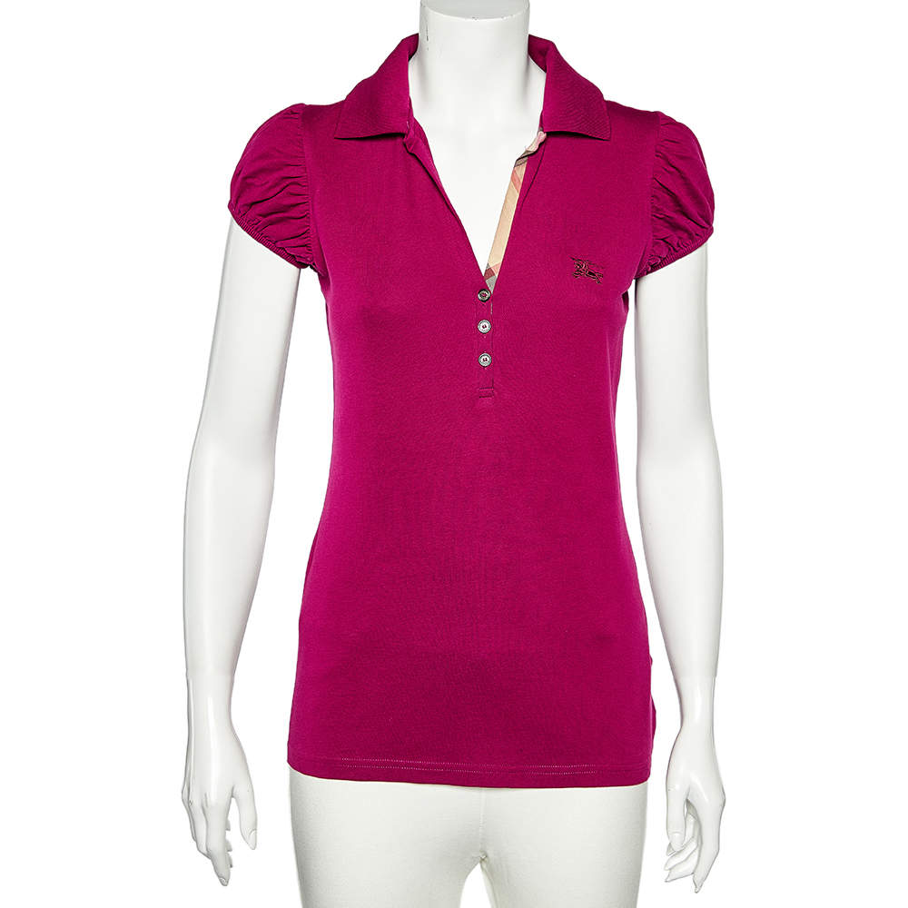 Pre Owned Burberry Brit Magenta Cotton Pique Puff Sleeve Polo T-Shirt M