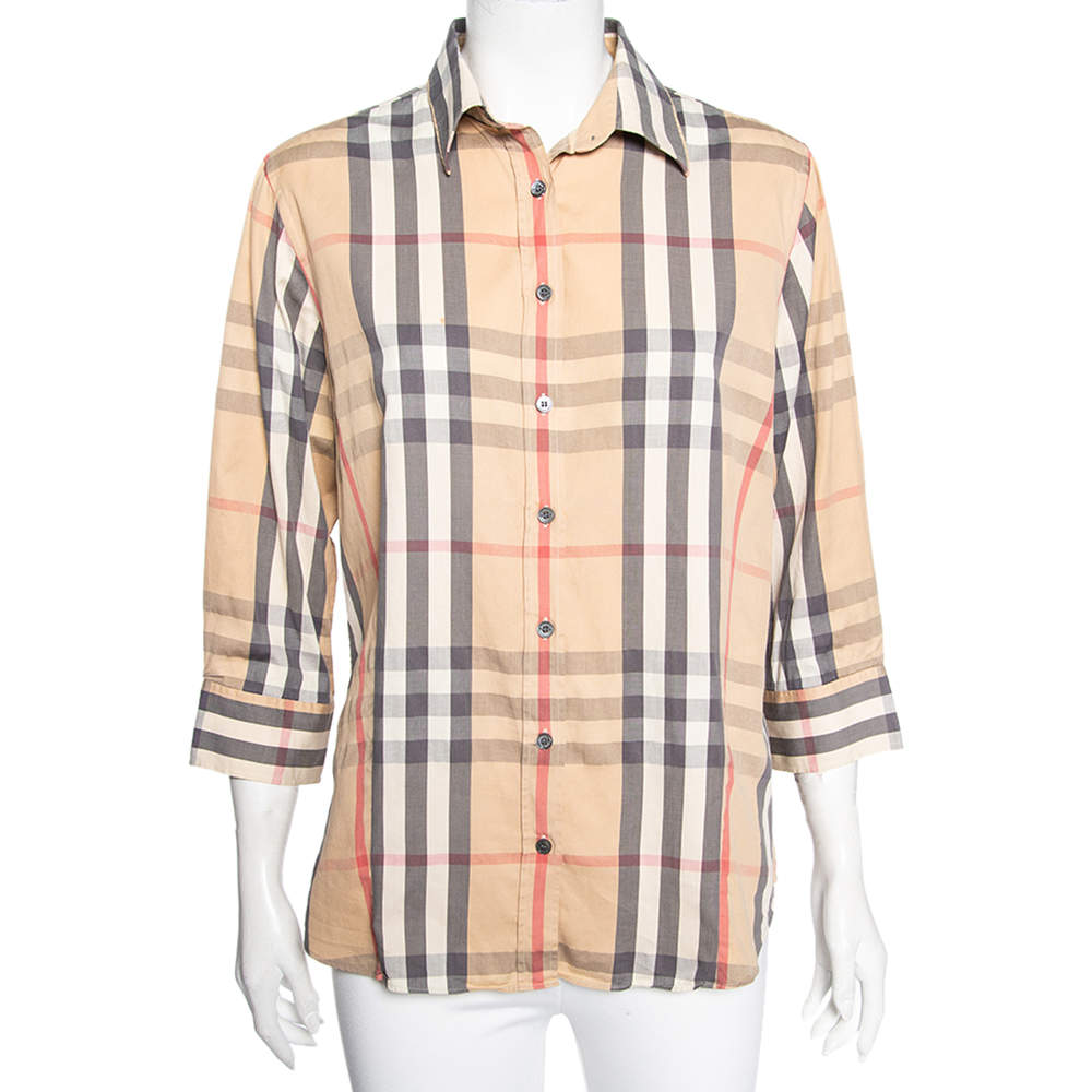 Pre Owned Burberry Beige Nova Check Cotton Button Front Shirt L