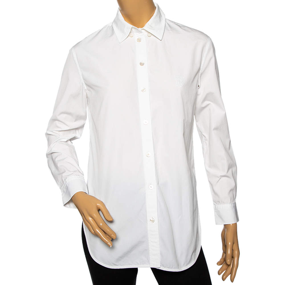 مملوكة مسبقًا Burberry White Cotton Embroidered Logo Detailed Button Down Shirt XS