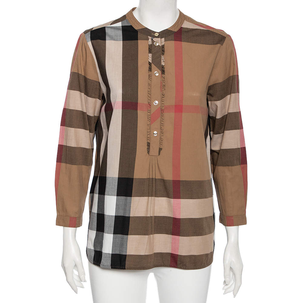 Pre Owned بلوزة بربري قطن بلاسترون بني أزرار أمامية مقاس متوسط - ميديوم 
