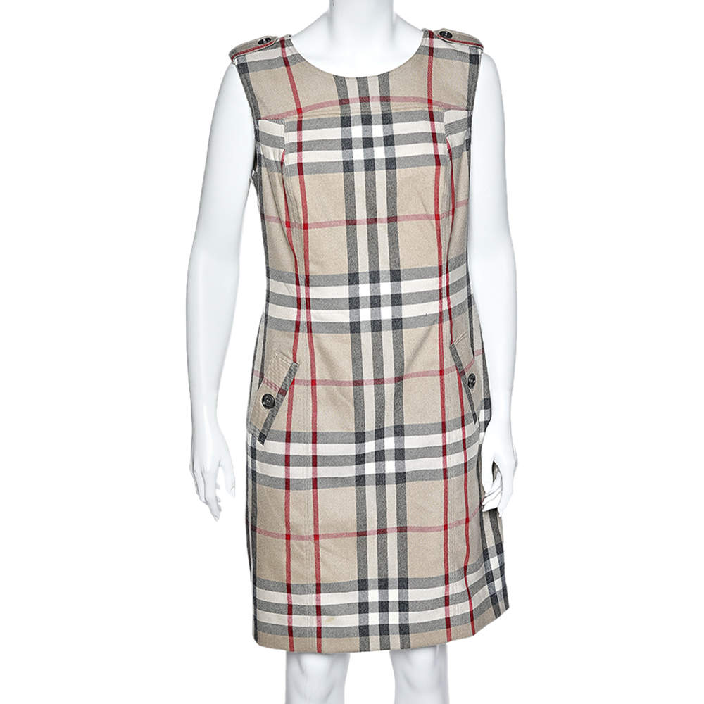 Pre Owned Burberry Beige Nova Check Wool Sleeveless Sheath Dress M