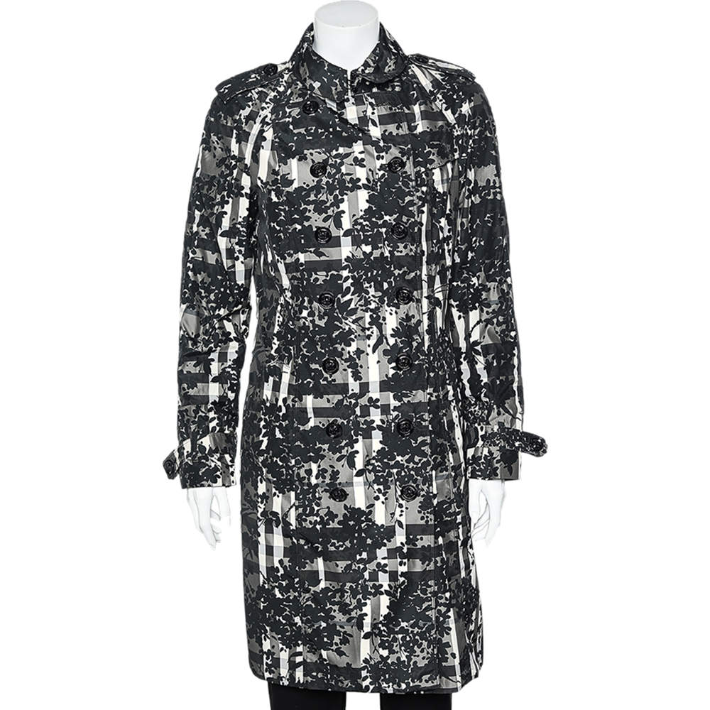Pre Owned معطف بربري قماش التفتا بطبعة كاروهات وزهور رصاصي مقاس متوسط - ميديوم